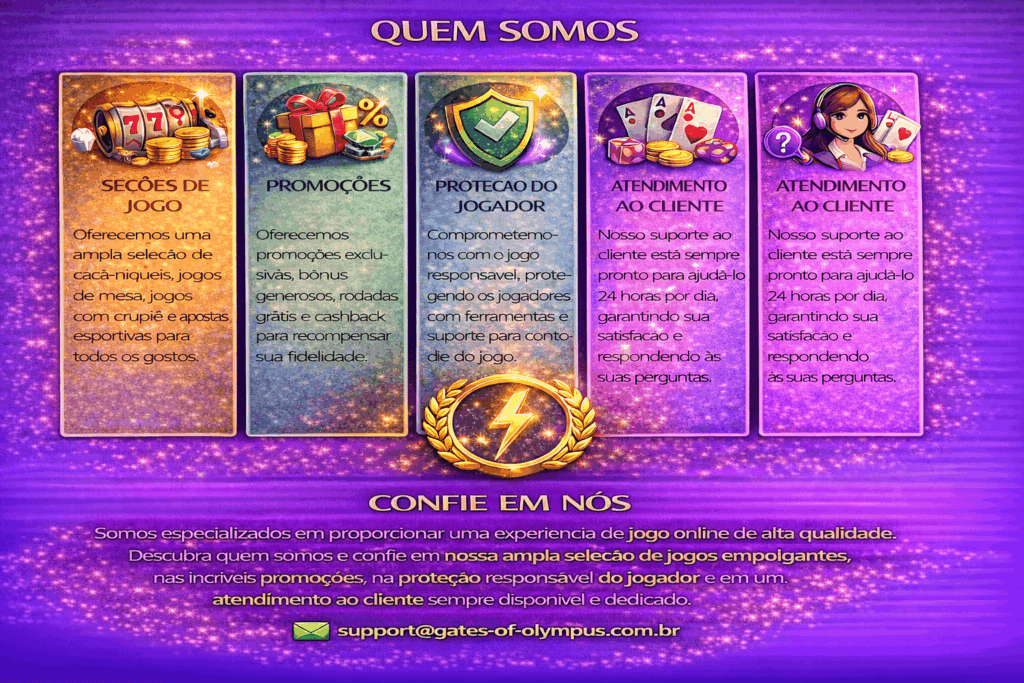 Quem somos secoes de jogo promocoes protecao do jogador e atendimento ao cliente suporte 24 horas