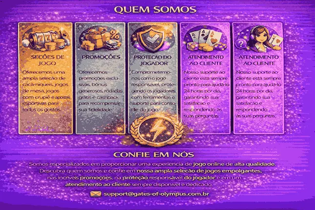 Quem somos secoes de jogo promocoes protecao do jogador e atendimento ao cliente suporte 24 horas