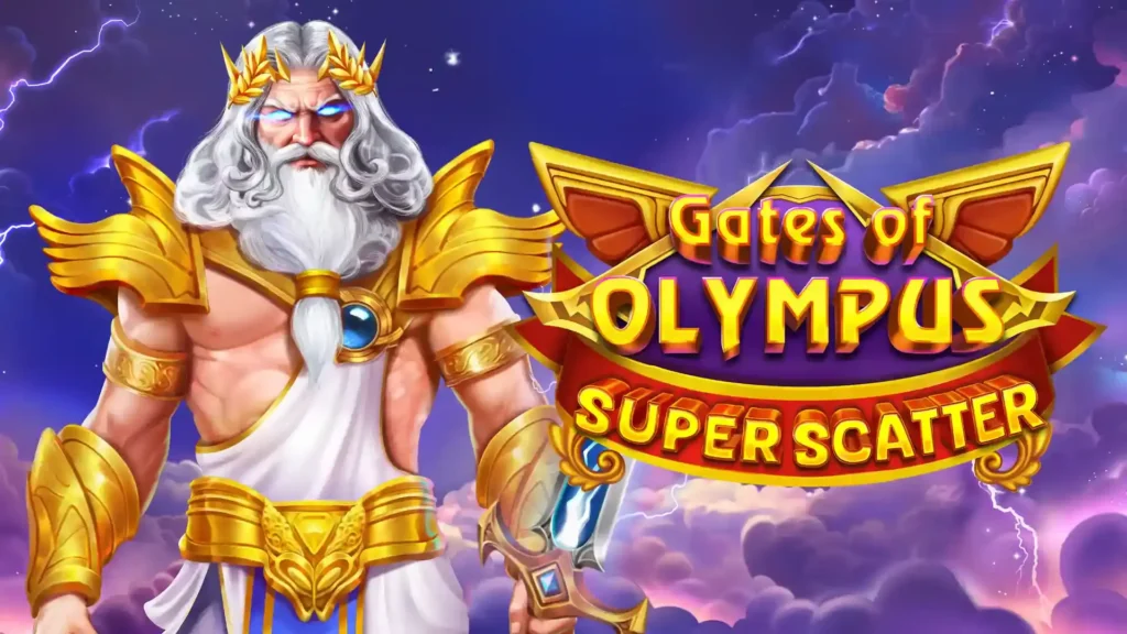 Gates of Olympus Super Scatter com Zeus em um fundo celeste com relâmpagos e nuvens
