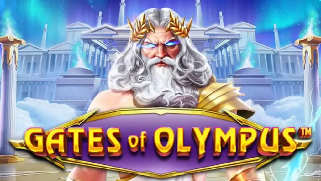 Gates of Olympus com Zeus diante de um templo antigo ao fundo